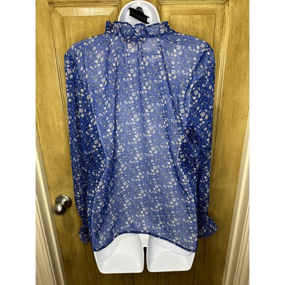 LOFT Women’s Sheer Blouse V Neck Long Sleeve Floral Blue Size Medium M - Picture 2 of 5